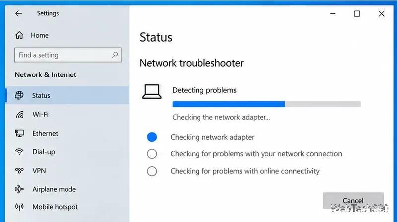 Windows 10 Network troubleshooter checking the wireless network adapter