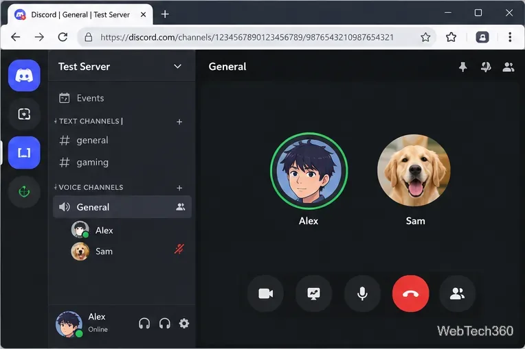 デスクトップブラウザでDiscordが動作しており、2人のユーザーが音声チャンネルに接続している。