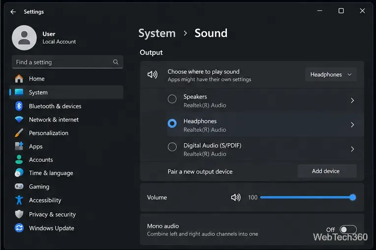 Windows 11のサウンド設定で、出力デバイスとしてヘッドホンを選択している状態