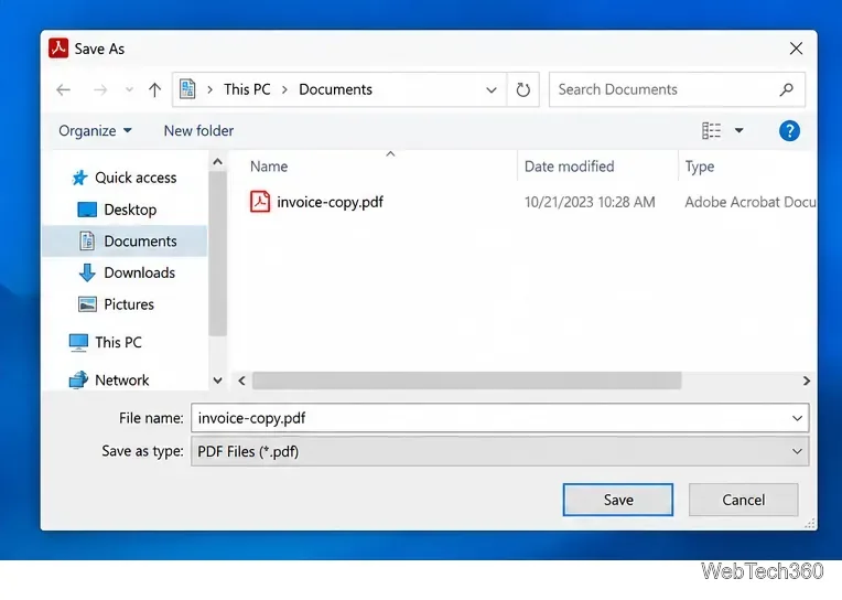 Диалоговое окно «Сохранить как» в Windows сохраняет PDF-копию в папку «Документы».