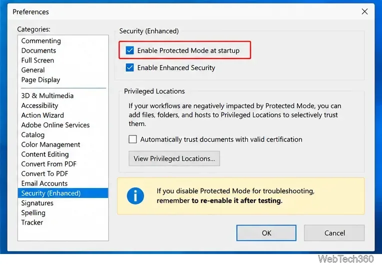 В настройках Adobe Acrobat Reader отображается сообщение «Включить защищенный режим при запуске».