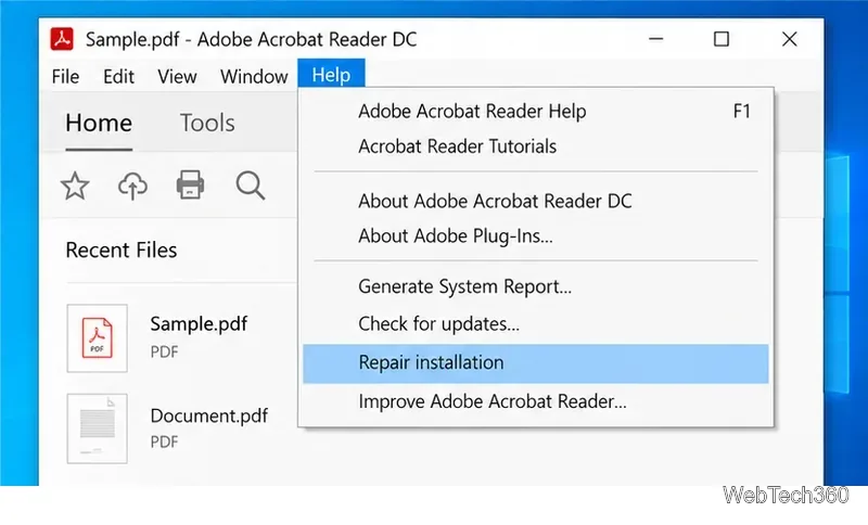 В меню справки Adobe Acrobat Reader выделен пункт «Восстановить установку».