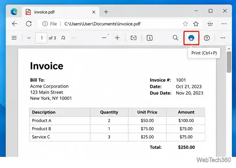 В браузере Microsoft Edge отображается PDF-файл с выделенной кнопкой «Печать».