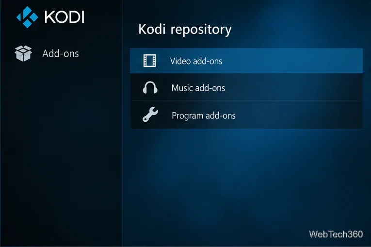 Браузер репозитория Kodi с категориями видеодополнений, музыкальных дополнений и дополнений для программ.