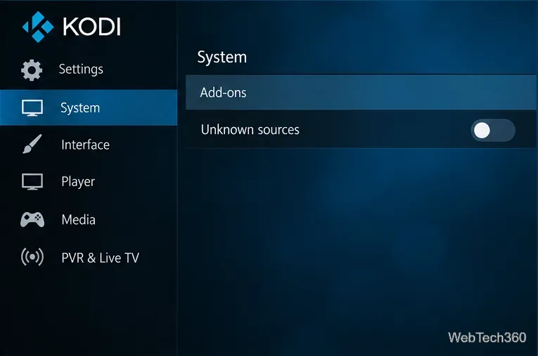В настройках системных дополнений Kodi отключена опция "Неизвестные источники".