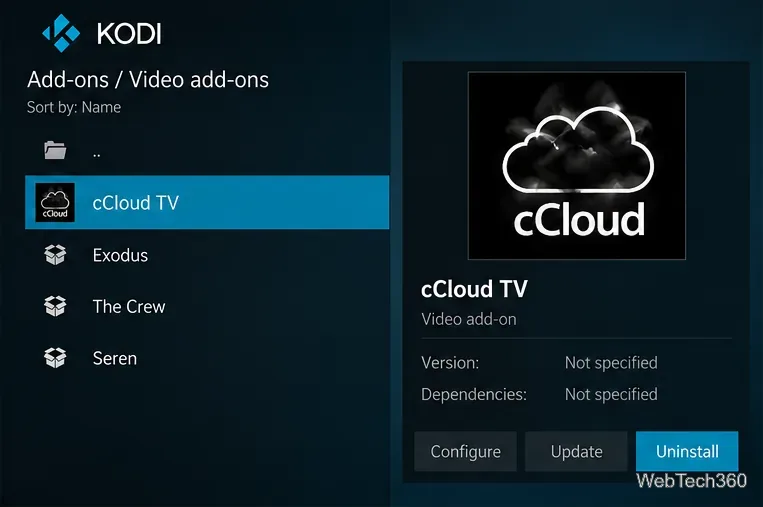cCloud TVを選択した状態でのKodiビデオアドオン情報表示の例と、更新およびアンインストールコントロール