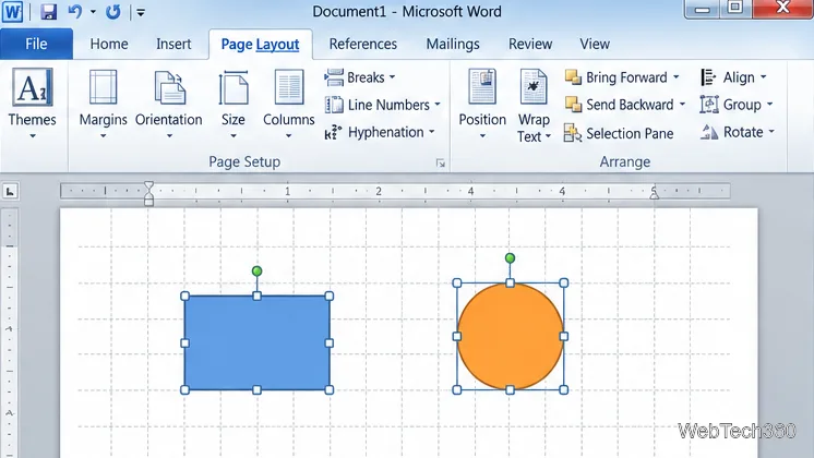 صفحة مستند Word 2010 تظهر فيها خطوط شبكة الرسم خلف مستطيل ودائرة