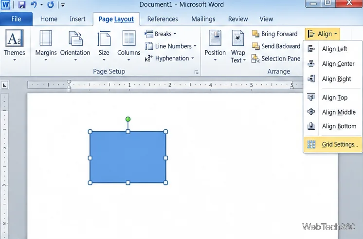 افتح قائمة "محاذاة" في برنامج Word 2010 مع تحديد "إعدادات الشبكة" في الأسفل.