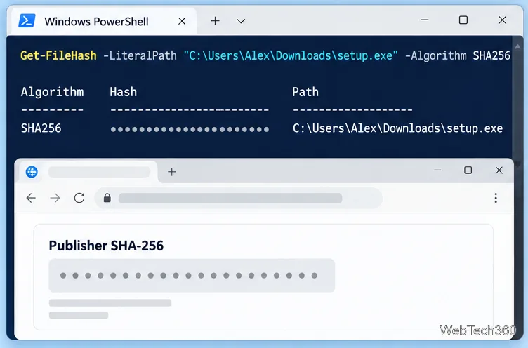 PowerShell 會在發佈者的 SHA-256 值旁顯示 SHA256 結果,以便進行比較。