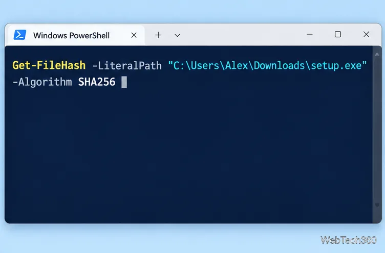 Windows PowerShell 顯示下載資料夾中安裝程式的 Get-FileHash 指令