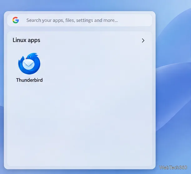 ChromeOSランチャーに、Thunderbirdアプリのアイコンを含むLinuxアプリグループが表示されている。