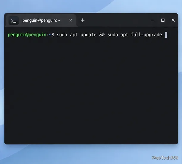 ChromeOSターミナルにDebianペンギンプロンプトとLinuxパッケージ更新コマンドが表示されている。
