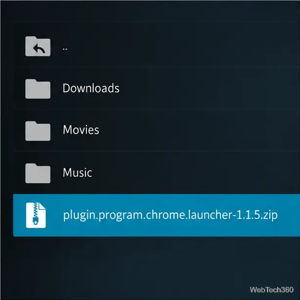 Макет окна выбора файлов Kodi с выбранным ZIP-архивом Chrome Launcher.