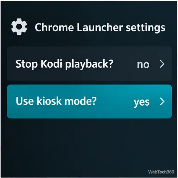 В Chrome Launcher отображается сообщение «Остановить воспроизведение Kodi» с пометкой «нет» и «режим киоска» с пометкой «да».