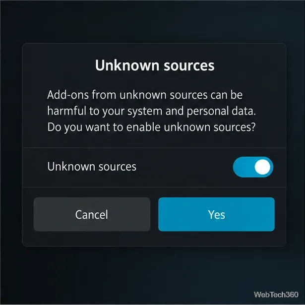 Макет предупреждения о неизвестных источниках Kodi с выделенной опцией подтверждения.
