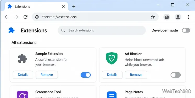 Страница расширений Chrome с отображением карточек расширений и переключателей включения/выключения.