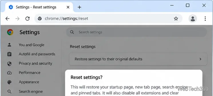 Страница сброса настроек Chrome с опцией «Восстановить настройки по умолчанию» и диалоговым окном сброса.