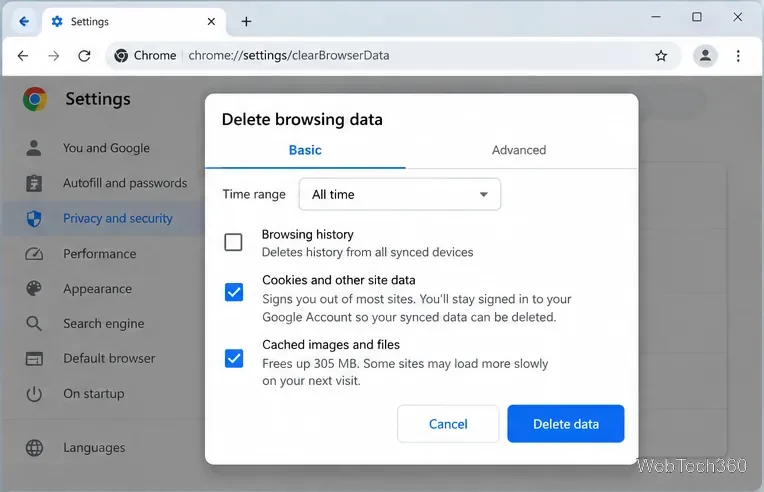 В Chrome открывается диалоговое окно «Удалить данные просмотра, включая файлы cookie и другие данные сайтов».