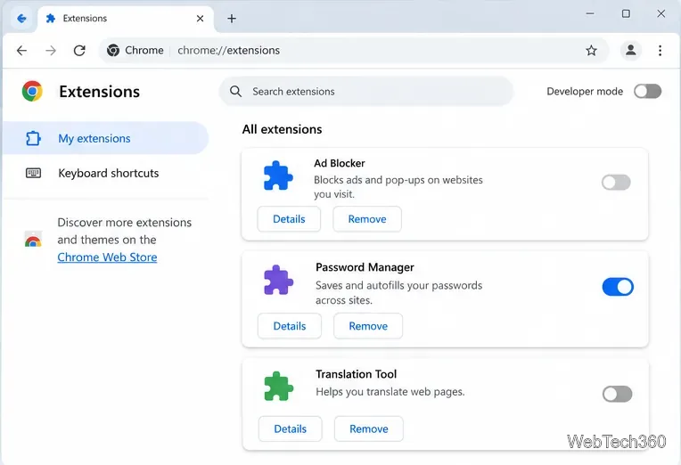 Менеджер расширений Google Chrome с карточками расширений и переключателями включения/выключения.