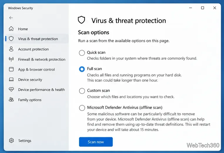Параметры сканирования для защиты от вирусов и угроз Windows с выбранным режимом полного сканирования.