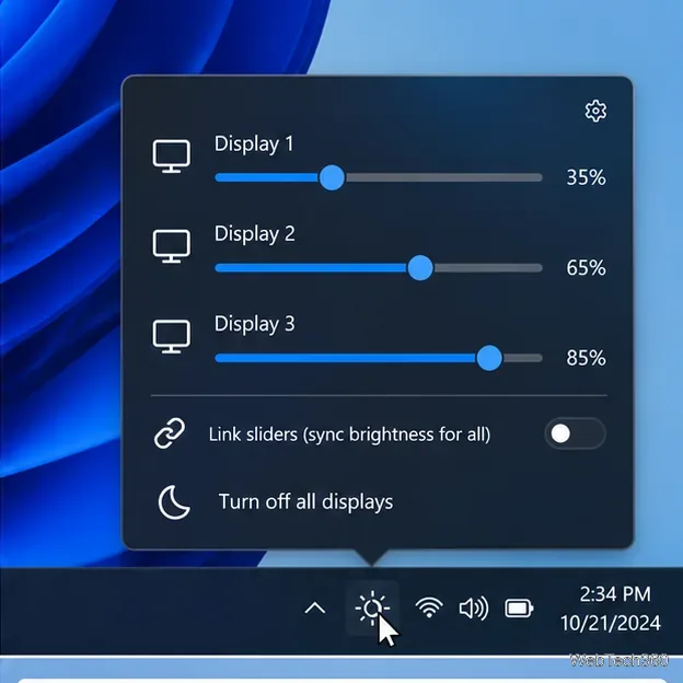 Panneau de luminosité Twinkle Tray situé au-dessus de la barre des tâches Windows, avec des curseurs séparés pour trois écrans.