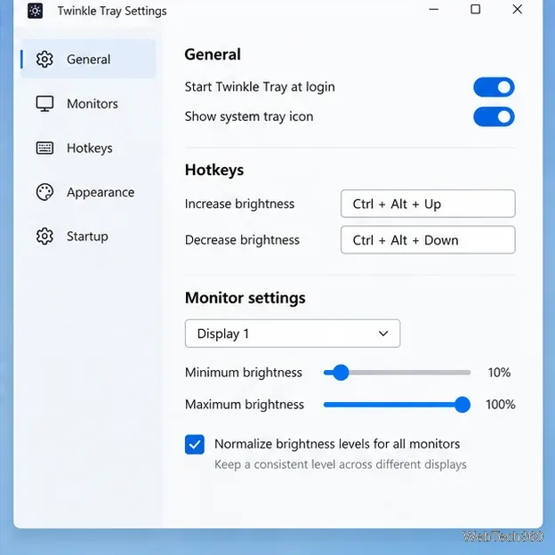 Aperçu des paramètres de Twinkle Tray : options de démarrage, raccourcis clavier et réglages de la luminosité par moniteur