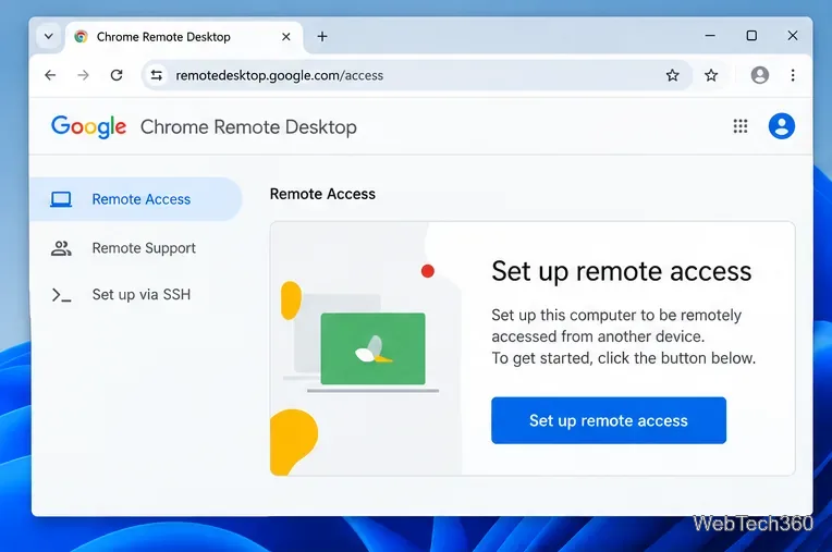 La page de configuration de l'accès à distance Chrome Remote Desktop s'affiche dans Chrome sur un ordinateur Windows.