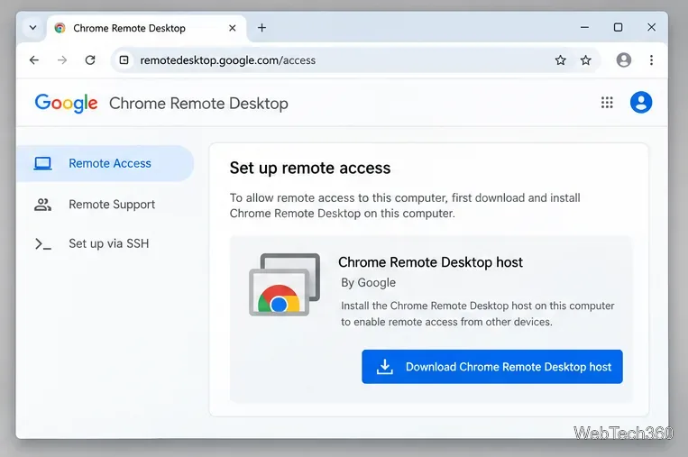 Panneau de téléchargement de l'hôte Chrome Remote Desktop avec bouton d'installation