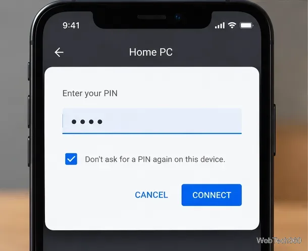 Le téléphone affiche une boîte de dialogue « Saisissez votre code PIN » pour un ordinateur distant sélectionné.