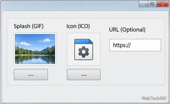 Machetă de setări conceptuale care prezintă o imagine GIF opțională, o pictogramă ICO și câmpuri pentru adresa URL a site-ului web