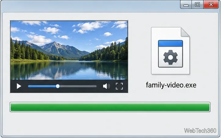 Machetă conceptuală de previzualizare și construire cu previzualizare video, ieșire family-video.exe și bară de progres finalizată