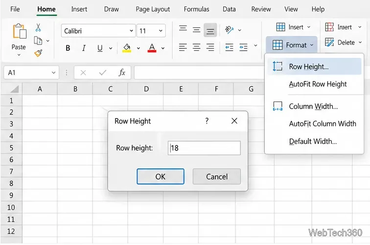 Excelのホームタブを開き、「書式」メニューを開き、「行の高さ」ダイアログに例として18という値を表示した状態。