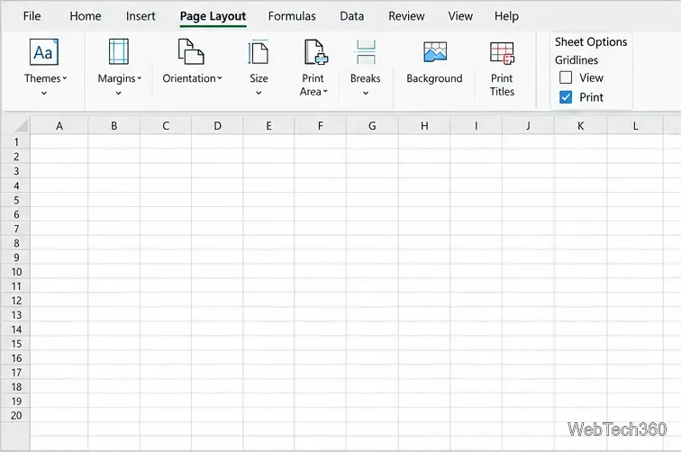Excelのページレイアウトシートオプションで、グリッド線が表示され、「印刷」にチェックが入り、「表示」にチェックが外れています。