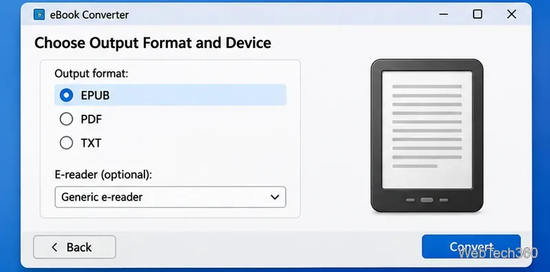 Configurações de saída de e-book com EPUB selecionado e um leitor de e-books genérico exibido.