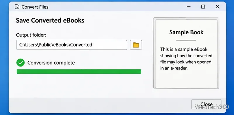 Conversão do ebook concluída e pasta de destino com uma pré-visualização do ebook.