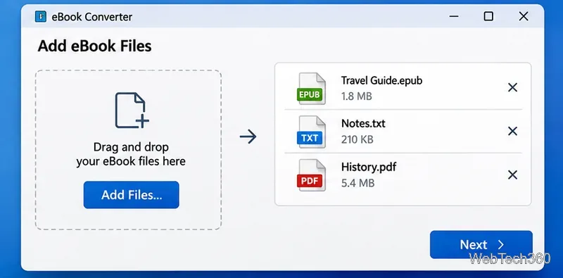 A fila de conversão de e-books exibe arquivos EPUB, TXT e PDF antes de prosseguir.