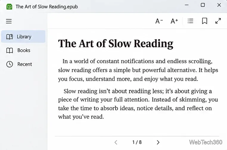 Exemplu de cititor EPUB care afișează un articol salvat într-un aspect de text curat și reglabil