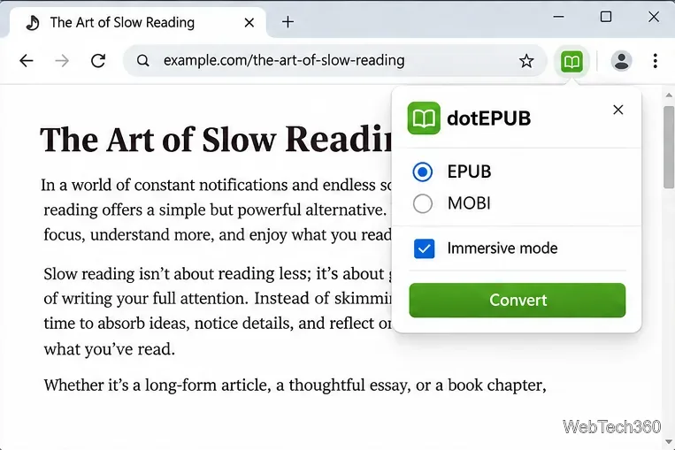 Exemplu de vizualizare a conversiei dotEPUB cu formatul EPUB și opțiunile modului imersiv vizibile