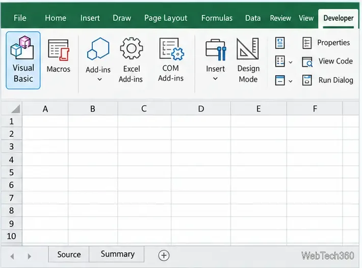 Fila Dezvoltator Excel cu butonul Visual Basic evidențiat deasupra unei grile de registru de lucru.
