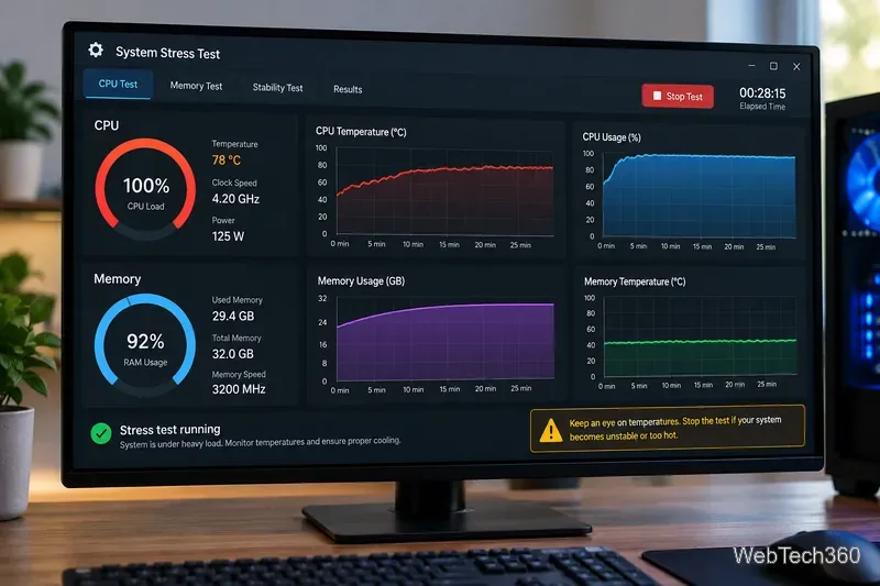 Dashboard generica per test di stress del sistema che mostra grafici relativi a carico della CPU, temperatura, consumo energetico e utilizzo della RAM.