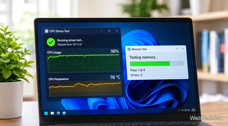 Schermata del portatile con finestre di test di stress generico della CPU e della memoria in esecuzione affiancate.