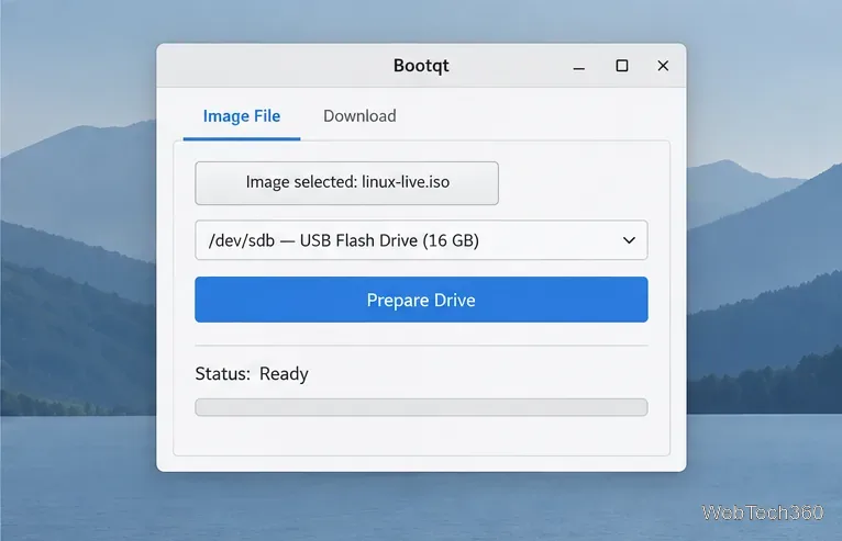 Bootqt affiche linux-live.iso comme image sélectionnée et /dev/sdb — Clé USB (16 Go) comme cible, avec Préparation du lecteur activée et Statut Prêt.