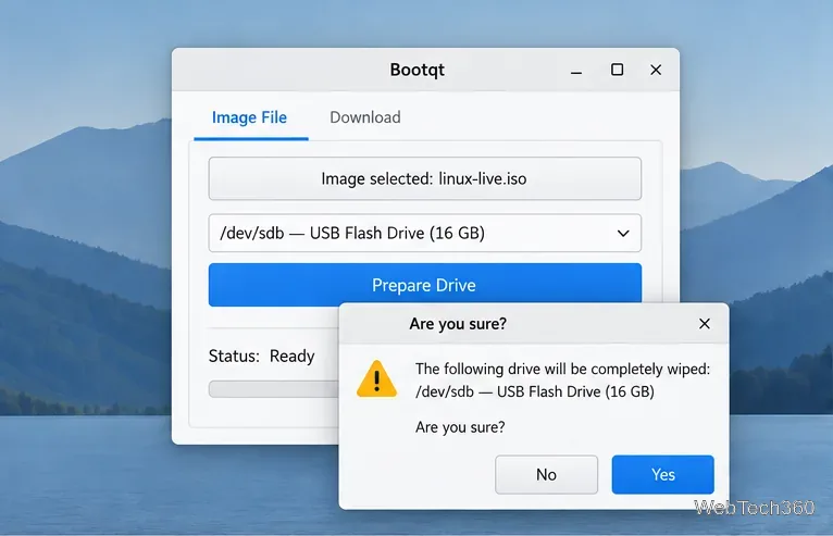 La boîte de dialogue « Êtes-vous sûr ? » de Bootqt avertit que /dev/sdb — Clé USB (16 Go) sera complètement effacée et propose les boutons Non et Oui.