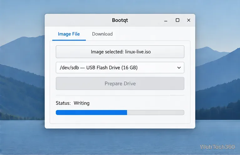 Bootqt affiche l'état d'écriture avec une barre de progression à mi-hauteur environ pendant que l'image sélectionnée est écrite sur le disque USB.