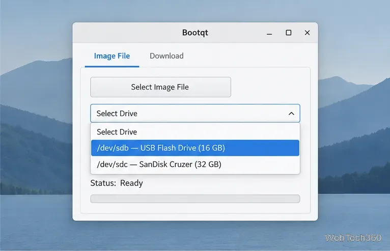 La liste étendue des lecteurs de Bootqt affiche deux disques USB, avec /dev/sdb — Clé USB (16 Go) mis en évidence et /dev/sdc — SanDisk Cruzer (32 Go) en dessous.
