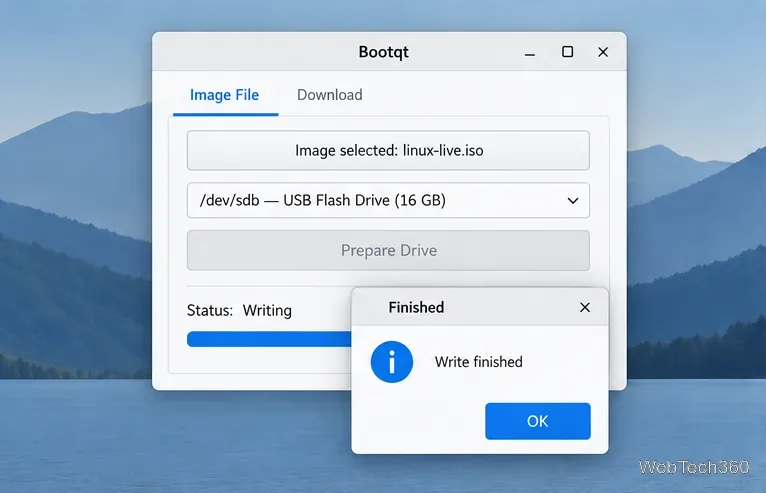 Bootqt affiche une boîte de dialogue « Terminé » avec le message « Écriture terminée » au-dessus de sa barre de progression.