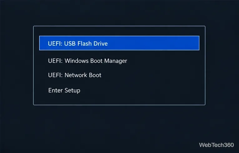 Un menu de démarrage générique sans marque met en évidence UEFI : Clé USB au-dessus de Gestionnaire de démarrage Windows, Démarrage réseau UEFI et Accéder à la configuration.