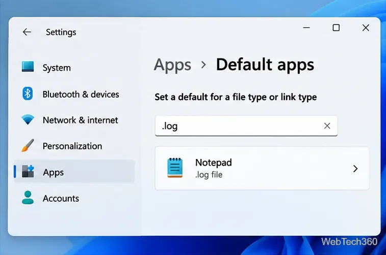 Configurações do Windows 11 mostrando Aplicativos, Aplicativos padrão, a pesquisa por tipo de arquivo .log e o Bloco de Notas como o aplicativo selecionado.
