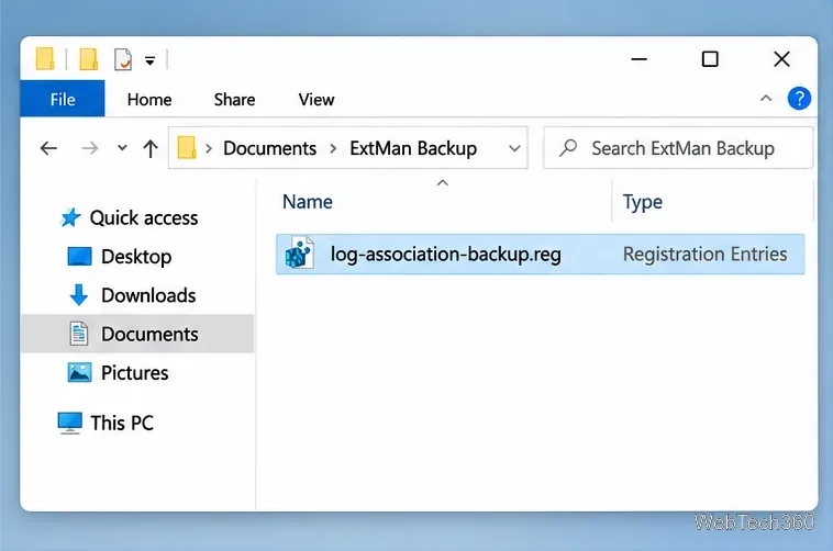 O Explorador de Arquivos exibe um arquivo log-association-backup.reg em uma pasta dedicada ao backup do ExtMan.