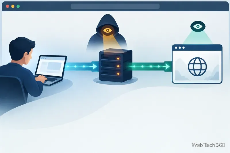 Diagramă conceptuală de rețea care arată un computer care se conectează printr-un proxy intermediar la un site web